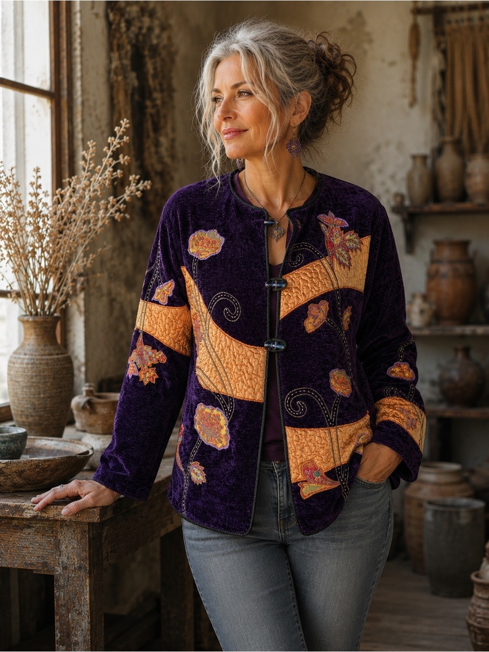 Indigo Moon Embroidered Velvet Jacket XS Boho Artsy Floral Quilted Toggle Coat